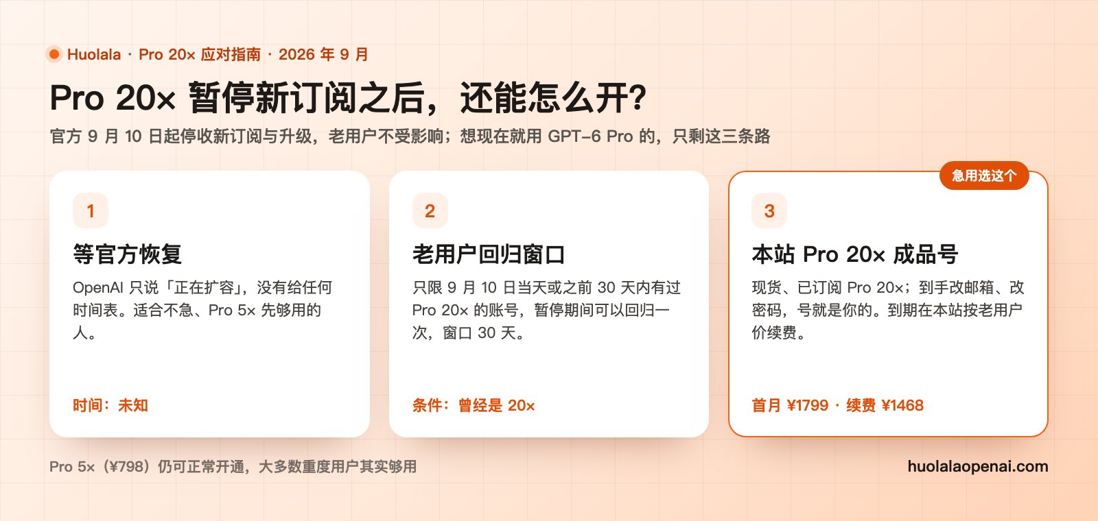 Pro 20× 暂停新订阅之后的三条路：等官方恢复、老用户 30 天回归窗口、本站成品号